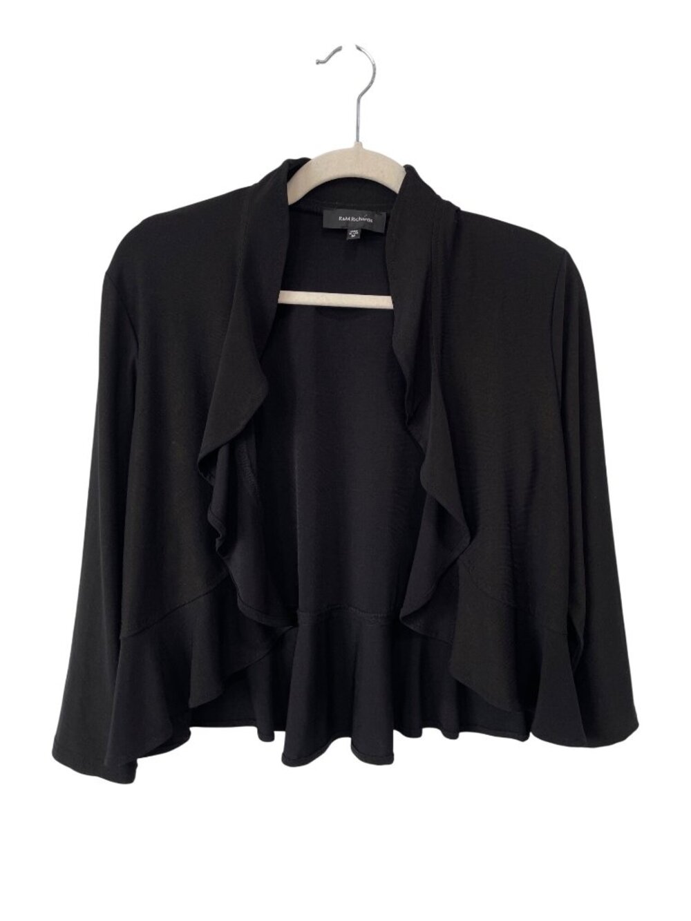R&M Richards Cropped Cardigan Medium Ruffled Open Front Bolero Shrug Black Chic